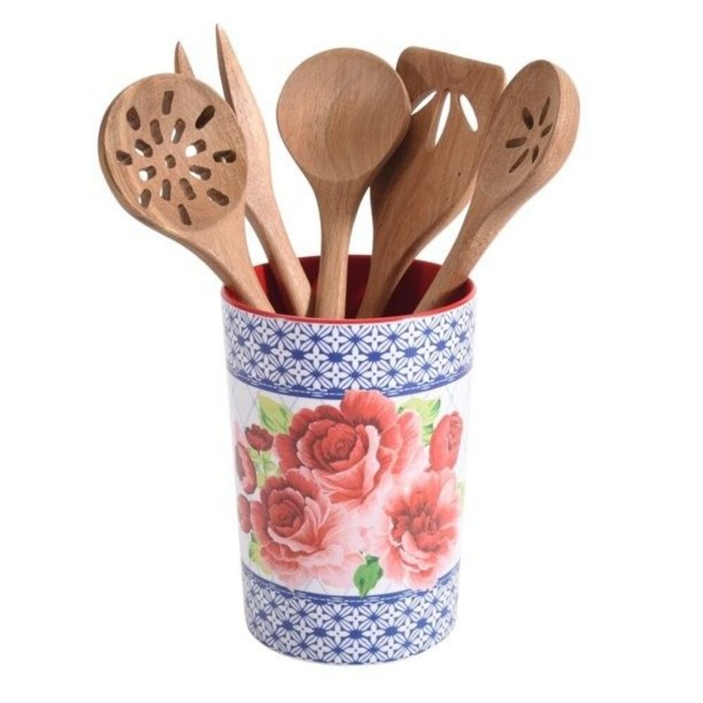 Pioneer Woman Heritage Floral 6 Pc Melamine Crock With Acacia Wood Utensils Set